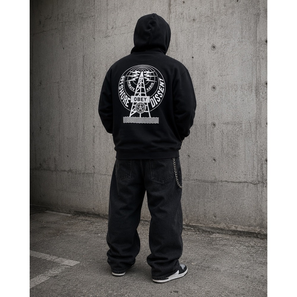 Vintage Obey Hoodie Men XXL Black Offshore Pirate Radio Dissent Full Zip Graphic